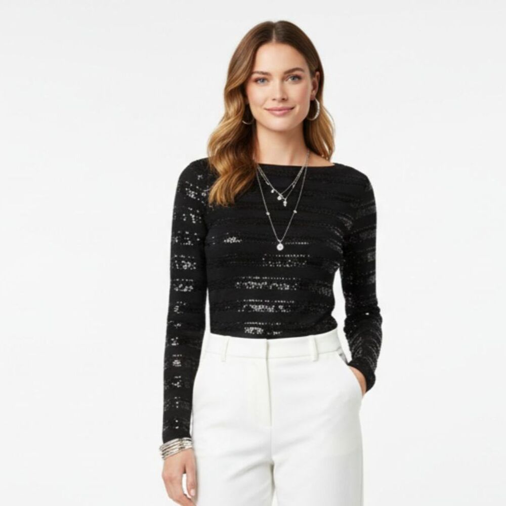 Joe Fresh Black Sequins Striped Long Sleeve Tee Shirt S